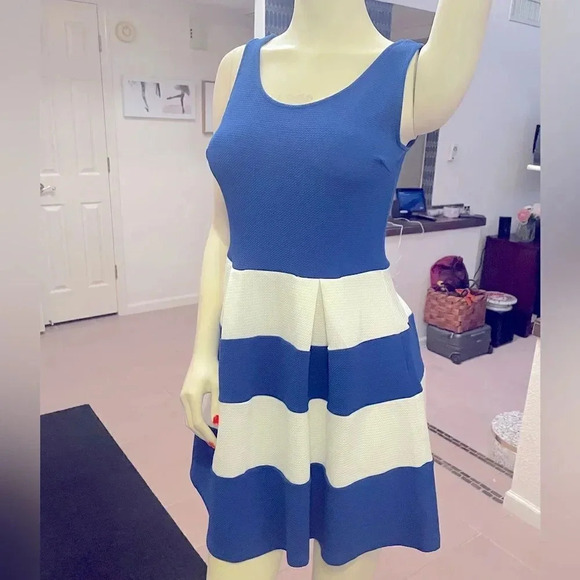 NORDSTROMS SOPRANO BLUE AND WHITE FIT AND FLARE PLEATED SLEEVELESS DRESS SIZE M - Picture 4 of 12